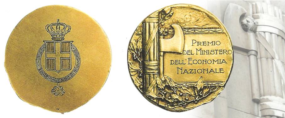 Medaglia fascista dedicata al Ministero dell'Economia nazionale, secondo tipo con dritto liscio (sic) e stemma sabaudo, al rovescio grande fascio e iscrizione