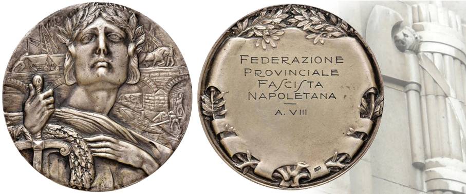 La medaglia da 60 millimetri in argento della Federazione provinciale fascista napoletana sul cui dritto, a sinistra della testa de''Italia, si legge MOSCHI, autore del modello