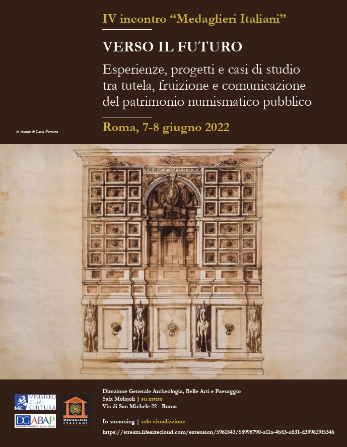La locandina del IV incontro Medaglieri italiani promosso dalla Direzione generale Archeologia belle arti e paesaggio del Mic per il 7-8 giugno