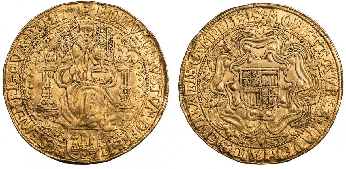 Un'esemplare di peso normale del "double rose noble" in oro coniato a Kampen attorno al 1600