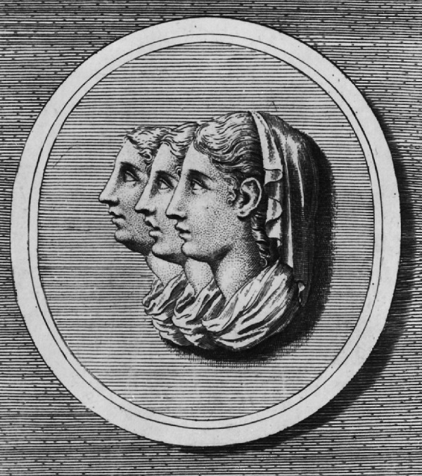 Agrippina Junior, Drusilla e Julia Livilla, sorelle di Caligola, in una incisione riproducente un antico cammeo