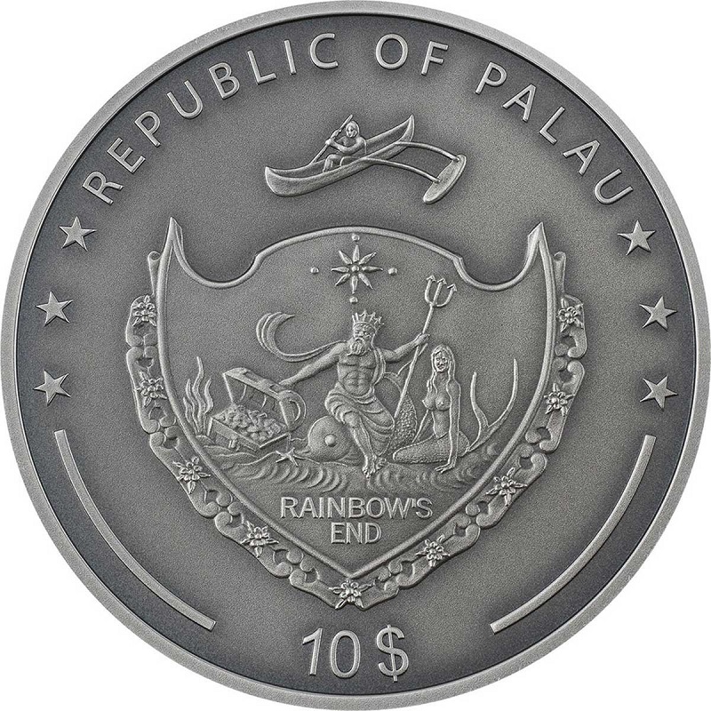 Al dritto dei 10 dollari di Palau, una doppia oncia in argento 999, lo stemma del paese che è anch'esso, a suo modo, un inno al mito e alla fantasia