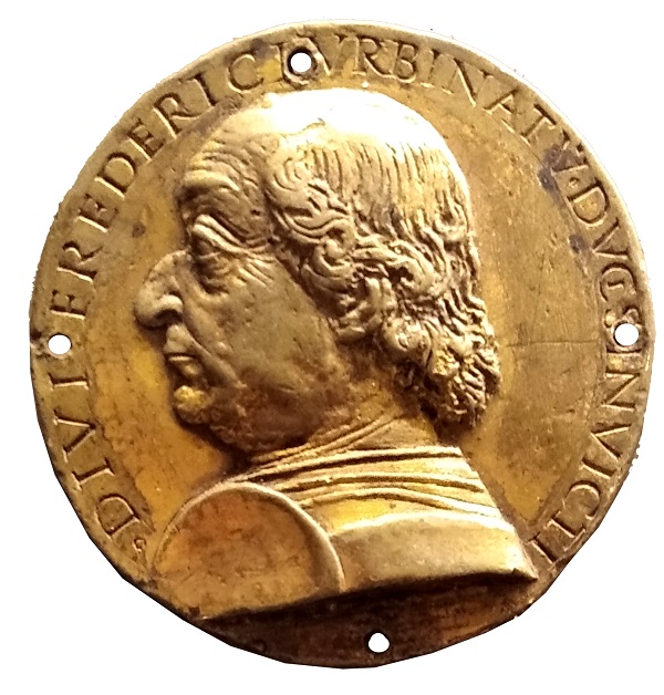 Placchetta fusa in bronzo con l'inconfondibile ritratto del duca di Urbino, così come lo conosciamo anche dalle opere di Piero della Francesca e di altri artisti
