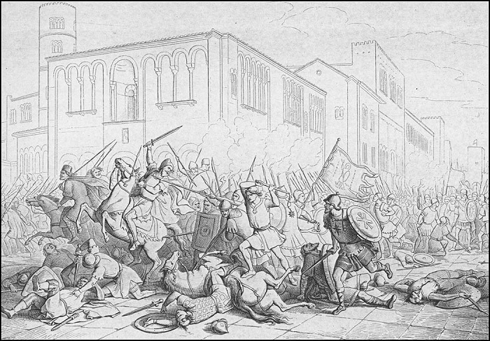 Le truppe longobarde all'assalto della città di Ravenna in una incisione di fine XIX secolo