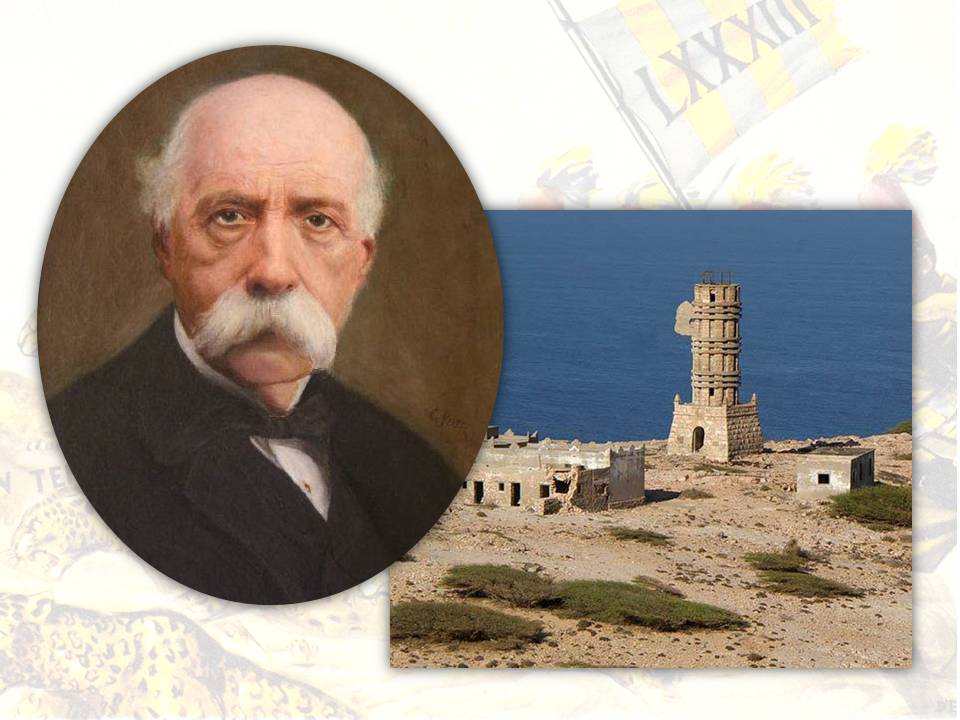 Francesco Crispi (1818-1901), iniziatore della politica di espansione coloniale del Regno d'Italia nel Corno d'Africa, e un'immagine del faro di Capo Gaurdafui come appare oggi