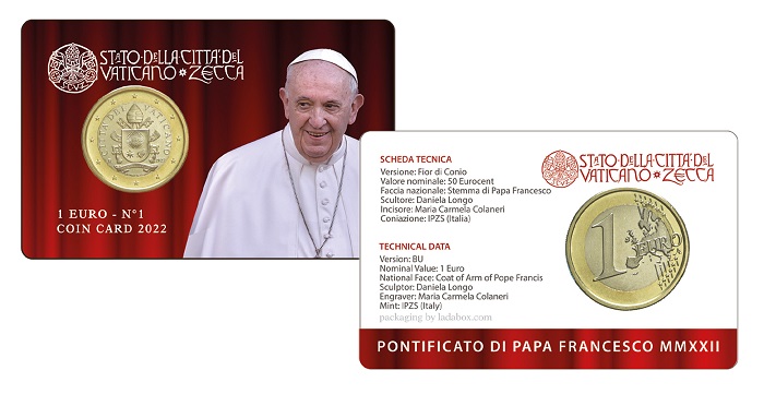 La prima coin card con moneta da un euro di papa Francesco mostra al fronte un sorridente ritratto di Jorge Bergoglio: saranno un massimo di 80.000 le card disponibili