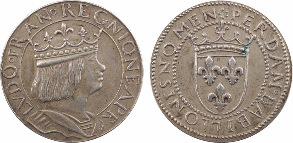 Riproduzione moderna in argento in forma di medaglia, coniata dalla zecca di Parigi a inizio XX secolo, del ducato napoletano di Luigi XII