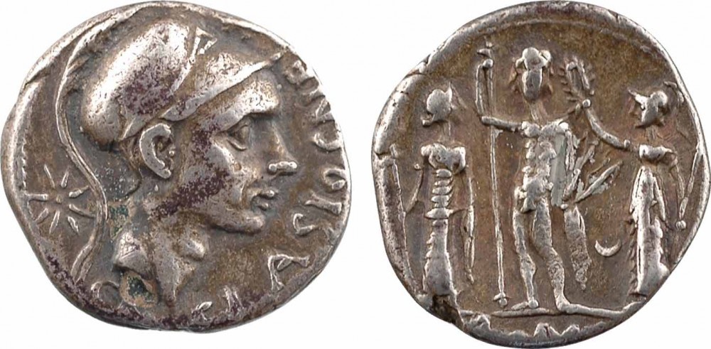 Denario repubblicano coniato a Roma nel 112-111 a.C. con al rovescio la Triade Capitolina: Giove al centro, fra Giunone e Minerva