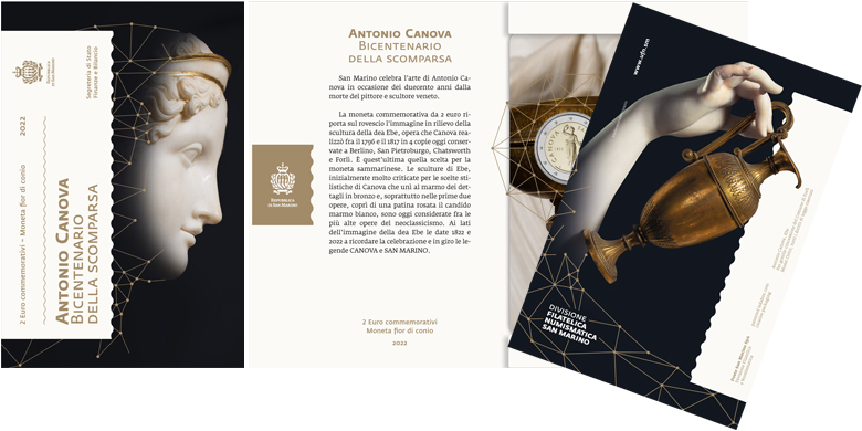Il folder della moneta commemorativa da 2 euro dedicata allo scultore neoclassico Antonio Canova che San Marino emetterà il 4 ottobre in 55.000 esemplari in fior di conio