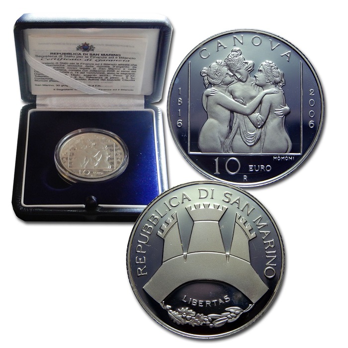 I 10 euro in argento dedicati alle "Tre GRazie" di Canova emessi da San Marino nel 2016, a duecento anni dal completamento della prima versione dell'opera