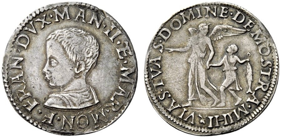 Uno dei rarissimi testoni leggeri a nome di Francesco III con la scena dell'arcangelo con Tobia e il pesce passati sul mercato numismatico negli ultimi anni 