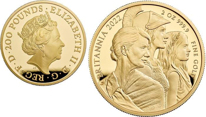 I 200 pound in oro del 2022 della serie Britannia: il rovescio modellato da Sandra Deiana vede tre personificazioni femminili a simboleggiare le tre età di un millenario regno, di una sovrana, di ogni persona