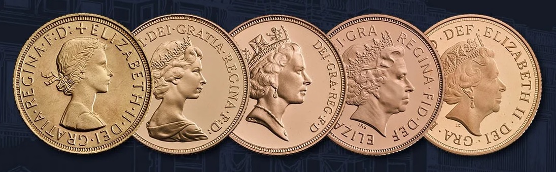 Dal sito della Royal Mint, i ritratti ufficiali che hanno accompagnato i settant'anni di regno di Elisabetta II sull'oro delle sovrane e sugli spiccioli, sulle monete circolanti e commemorative del Regno Unito e di tanti paesi del Commonwealth