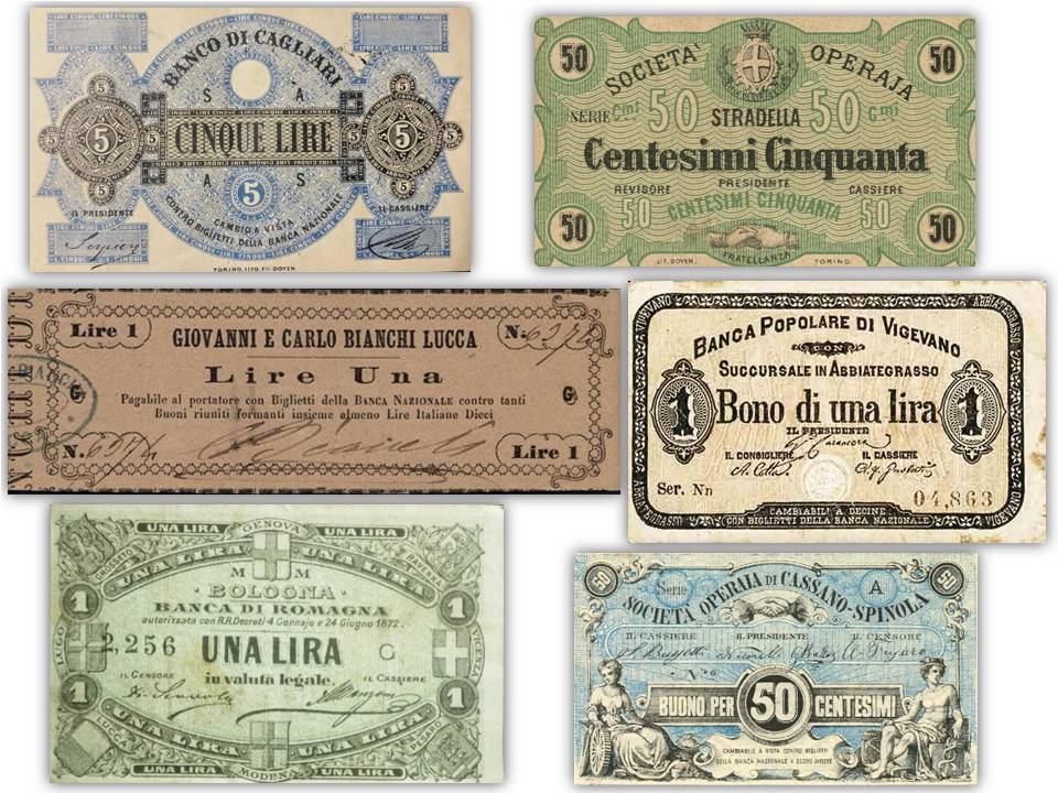 Sono centinaia i tipi di biglietti fiduciari italiani emessi da comuni, piccole banche, cooperative, associazioni e privati negli anni 1866-1876: un fenomeno monetario di grande fascino