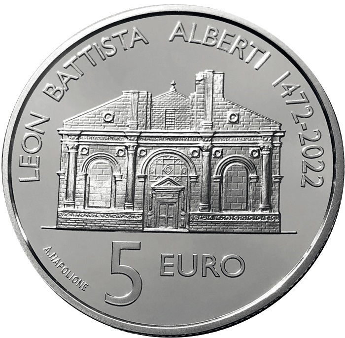 La facciata del Tempio malatestiano di Rimini sul rovescio dei 5 euro proof in argento che San Marino dedica all'Albertio nel 550esimo dalla scomparsa