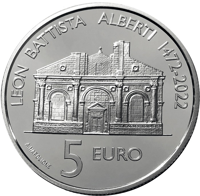 The façade of the Malatesta Temple in Rimini on the reverse of the 5 euro proof in silver that San Marino dedicates to the Albertio in the 550th anniversary of his death