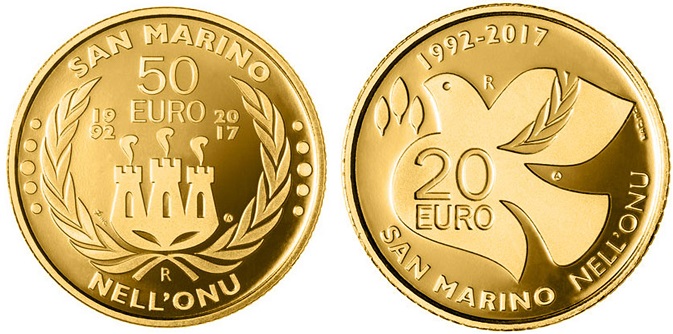 Nel 2017, 25° anniversario dell'ingresso di San Marino nell'ONU, la Repubblica del Titano ha dedicato alla ricorrenza una preziosa 20 euro in oro all'insegna della pace