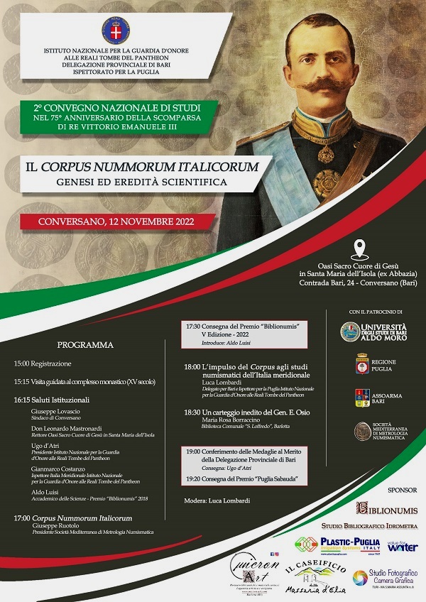 Si svolgerà a partire dalle 15.00 del 12 novembre il pomeriggio dedicato alla numismatica, al 75° anniversario dalla morte di Vittorio Emanuele III e al V Premio "Biblionumis"