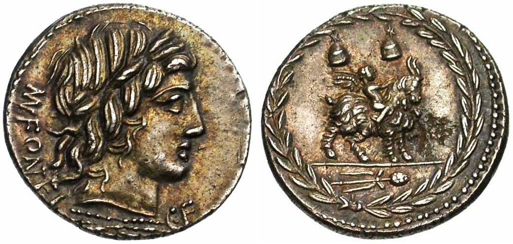 Un bell'esemplare del denario romano repubblicano risalente all'85 a.C. con al dritto una testa maschile laureata e al rovescio un genietto alato che cavalca una capra