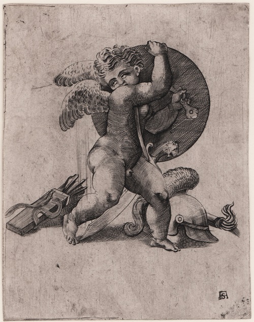 Un genietto alato con scudo e armi in un'incisione ispirata ai tanti putti e amorini della tradizione iconografica romana