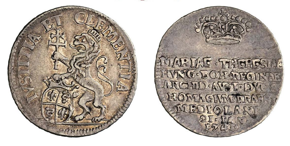 Una rara lira "del giuramento", coniata nel 1741, con leone rampante a sinistra con croce di Santo Stefano nella destra e la sinistra su uno scudo con le armi di Milano e d'Austria