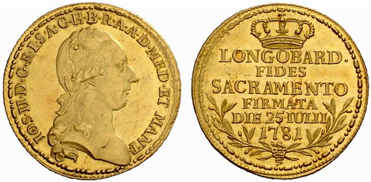 Uno dei preziosi zecchini d'oro con cui Giuseppe II d'Asburgo Lorena celebrò il proprio avvento al trono del Ducato di Milano e la fedeltà dei Lomabrdi all'Impero