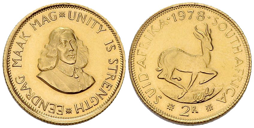 Il navigatore Jan van Riebeeck effigiato su una moneta in oro sudafricana da 2 rande assieme al motto "L'unione fa la forza" e a uno "sprigbock", animale simbolo del paese