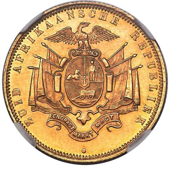 La prima moneta d'oro coniata a nome della Repubblica del Sudafrica nel 1874 è una sterlina con un magnifico stemma al rovescio