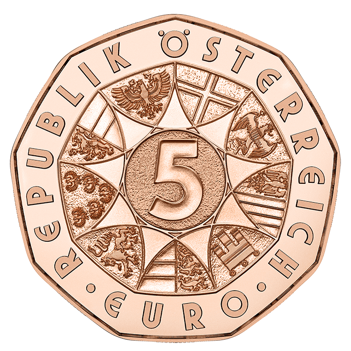 Sul dritto delle 5 euro in rame e in argento il valore e gli emblemi delle regioni che formano la Repubblica austriaca