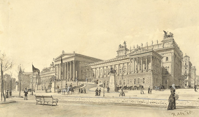 Un disegno di fine XIX secolo che mostra l'imponente facciata del Parlamento di Vienna, all'epoca da poco inaugurato