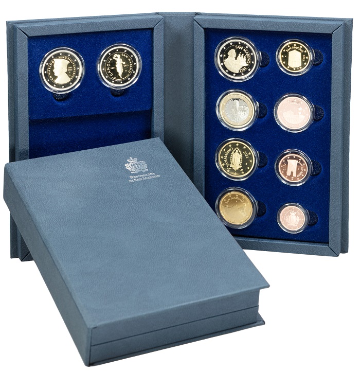 La confezione in cui la Divisione filatelica numismatica di Poste San Marino commercializza, a partire dal 27 ottobre, la serie di euro monete proof del 2022
