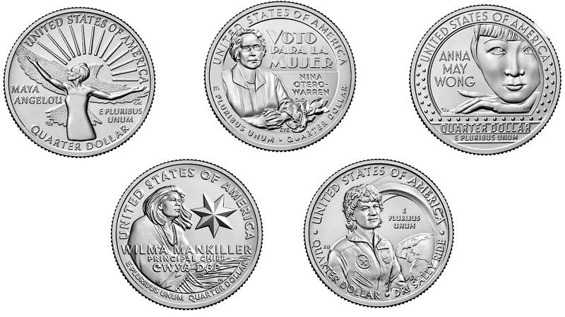 Ecco le cinque monete che, fino a questo momento, sono state emesse nel programma celebrativo "American Womens Quarters": cinque coniazioni per altrettante donne che hanno avuto vite eccezionali e hanno rappresentato degli esempi nei rispettivi campi