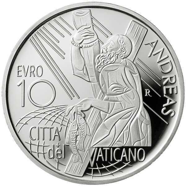 Sant'Andrea, illuminato dalla grazia divina e abbracciato alla croce decussata, nell'interpretazione di Gabriele Di Maulo per i 10 euro in argento proof del Vaticano