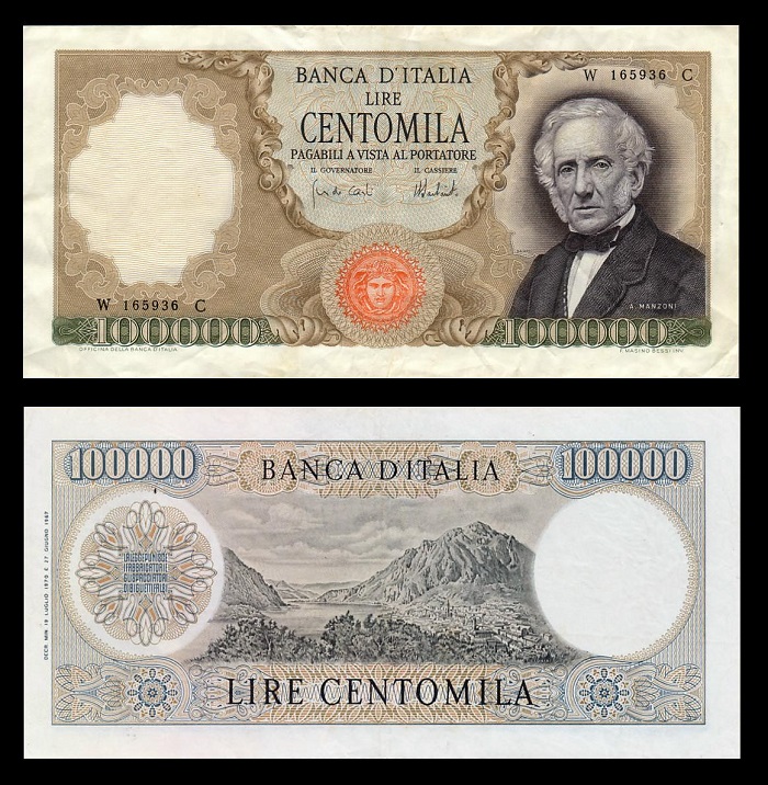 La banconota da 100.000 lire dedicata ad Alessandro Manzoni che venne stampata dalla Banca d'Italia fra il 1967 e il 1974: uno dei biglietti più belli della serie in lire 
