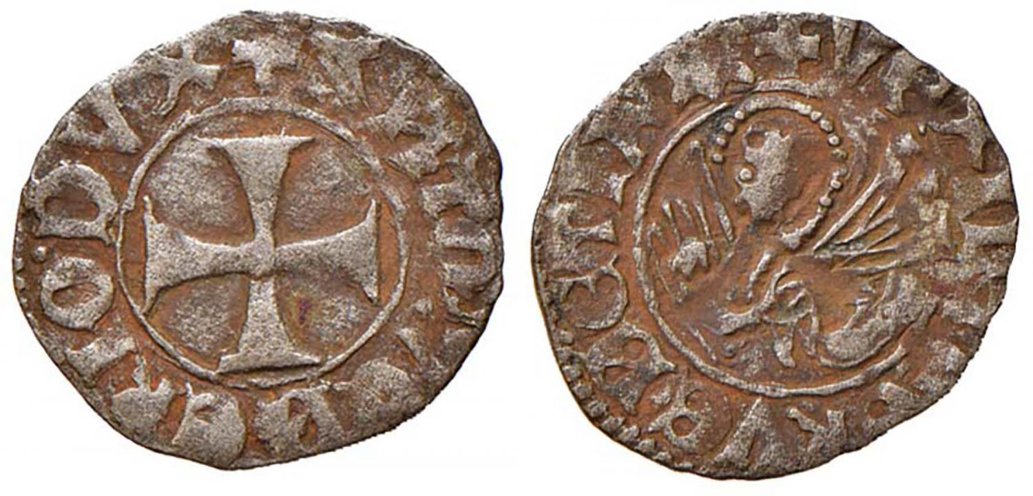 Tornesello di Antonio Venier (1382-1400): tra queste monete vi sono quelle "affinate" col metodo delle "tolle" ideato da Marco Sanudo