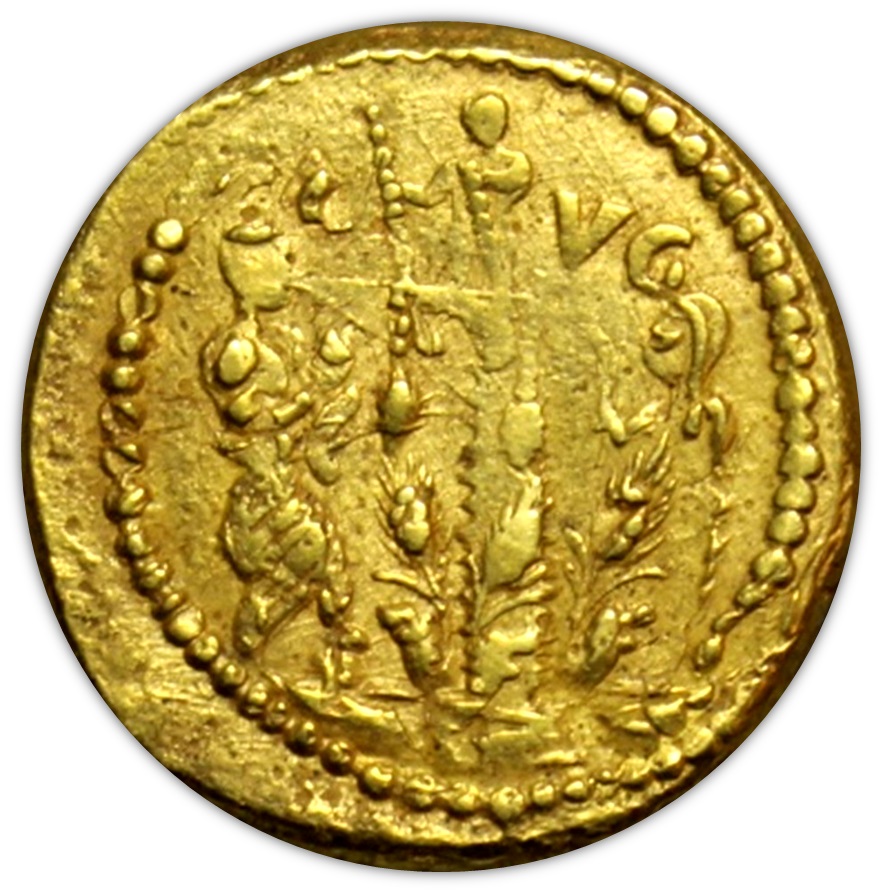 Il rovescio della moneta, coniata in Dacia, su cui si distinguono una figura in piedi, spighe di grano e l'abbreviazione C AVG