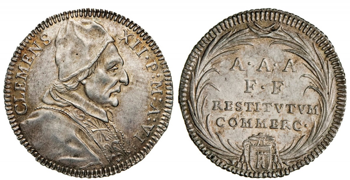Il ritratto di Clemente XII su un giulio in argento dell'anno VI di pontificato che celebra le riforme volute in ambito economico e monetario dal papa