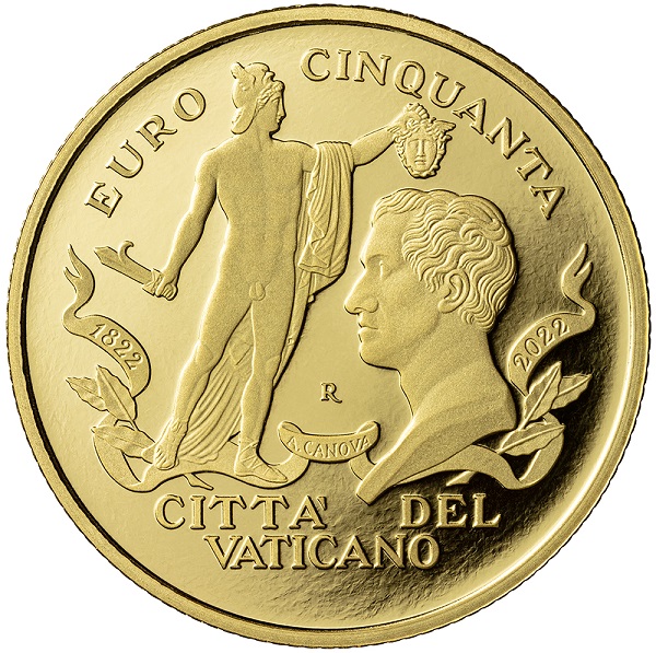 Il "perseo Trionfante" e l'autoritratto di Antonio Canova sulla moneta commemorativa da 50 euro in oro proof emessa il 10 dicembre in mille esemplari