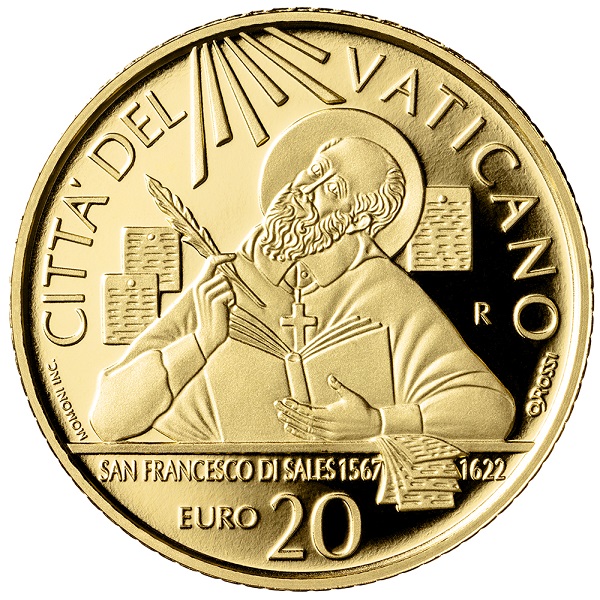 San Francesco di Sales ritratto sui 20 euro in oro proof che il Vaticano, con il contributo creativo di Orietta Rossi, gli dedica per il 400° anniersario della morte