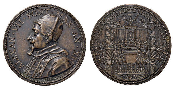 Medaglia in bronzo del 1655 fatta coniare da papa Alessandro VII Chigi: al rovescio, una maestosa veduta dell'interno di San Pietro in occasione della canonizzazione di Francesco di Sales