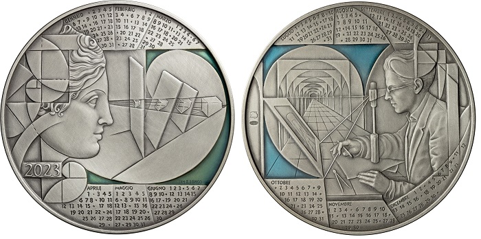 La medaglia calendario 2023 di IPZS nella versione coniata in argento e smalti