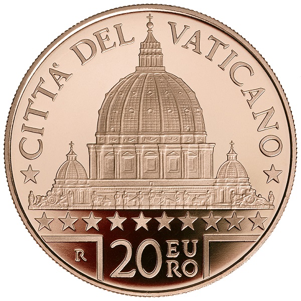 La Cupola di San Pietro, le cupolette laterali, le staute, gli orologi e la balaustra della facciata della basilica sulla moneta da 20 euro proof in rame emessa dal Vaticano il 19 dicembre