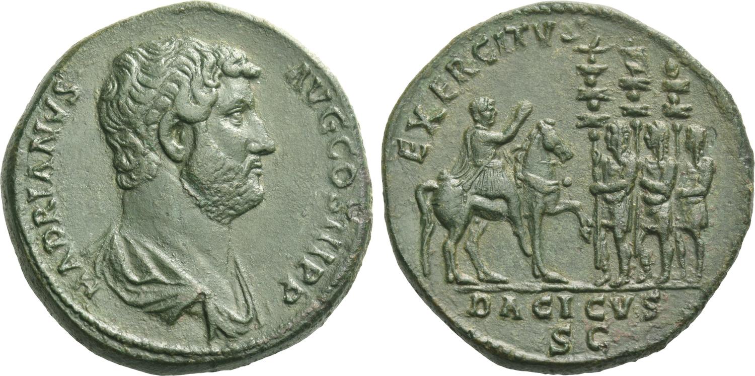 Un bellissimo sesterzio del 134-138, zecca di Roma, con la scena della "adlocutio" dell'imperatore alle armate della Dacia che Adriano, sul rovescio, arringa a cavallo (bronzo, mm 31, g 27 circa)