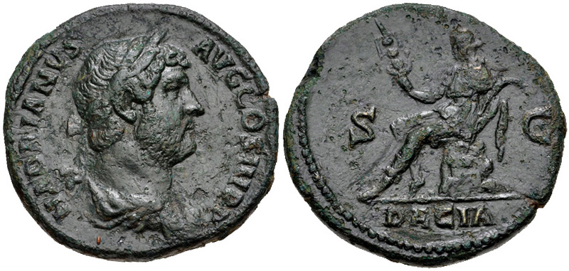 Asse dell'imperatore Adriano della serie "di viaggio" risalente al periodo 134-138, coniato a Roma con al rovescio personificazione della Dacia (bronzo, mm 27, g 12 circa)