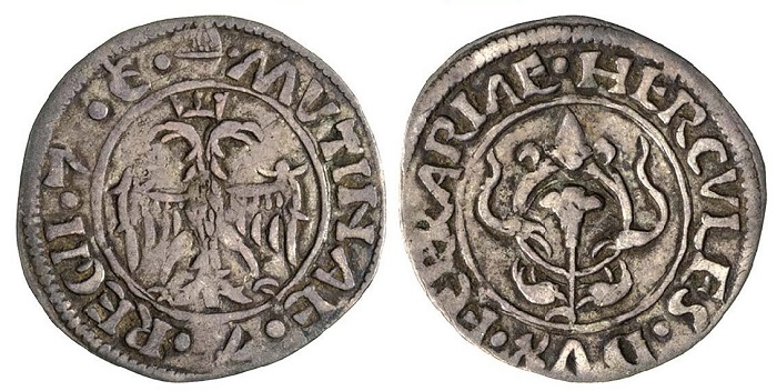 Ercole I d'Este (1471-1505), grossetto o diamantino per la zecca di Ferrara (argento g 0,72, mm 15,9)