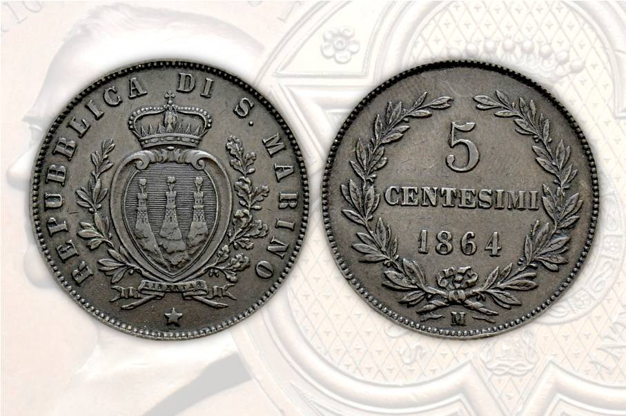 Tra le positive conseguenze del trattato del 1862 fra San Marino e Regno d'Italia vi furono anche, a partire dal 1864, la nascita e lo sviluppo della monetazione della Repubblica: qui i 5 centesimi coniati a Milano