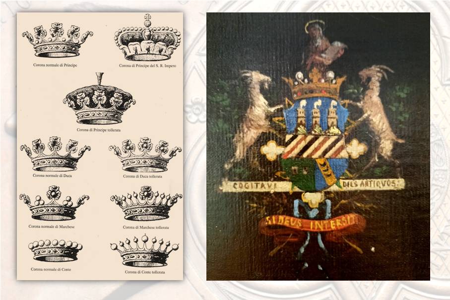 A sinistra, tavola di corone araldiche (in basso quelle comitali) e a destra l'elaborato stemma con motti e supporti d'arma del conte Cibrario nel dipinto di Peter Tetar van Elven (sovrastato dal mezzobusto del santo Marino)