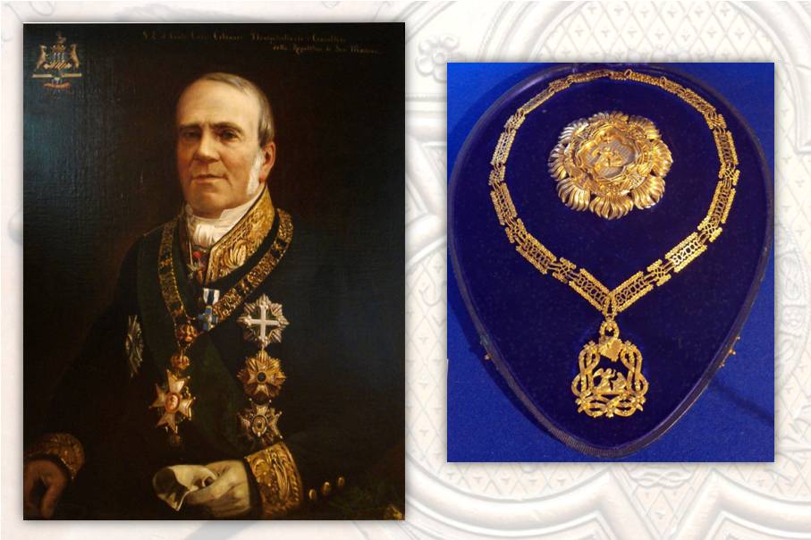 A sinistra, il quadro di Peter Tetar van Elven conservato nel Museo di Stato di San Marino; a destra collare e placca dell'Ordine della Santissima Annunziata nella versione senza smalti policromi (inizio XX secolo)