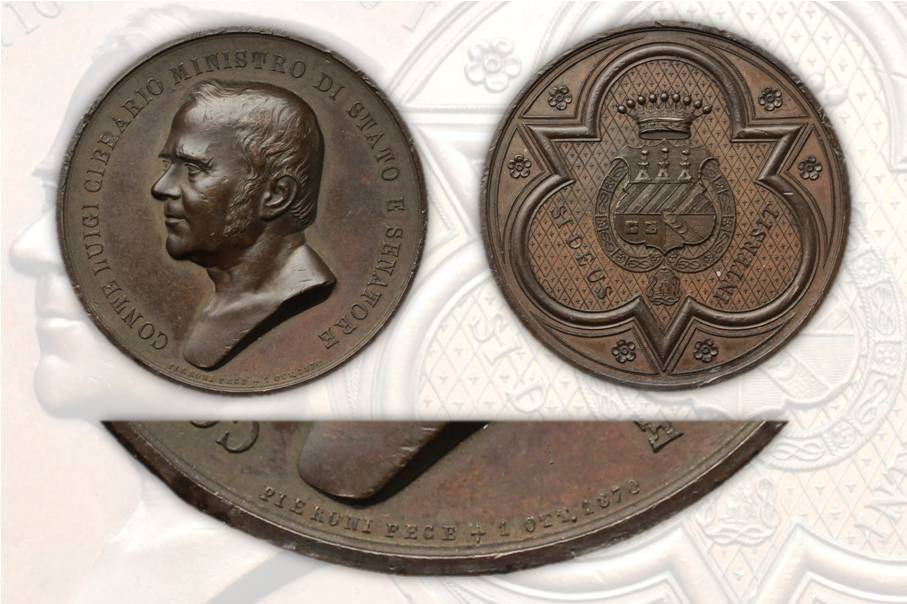 La seconda verione della medaglia del Pieroni, quella "in morte" di Luigi Cibrario con la data + 1 OTT. 1870 in basso al dritto: venne probabilmente commissionata dalla famiglia alla scomparsa del conte