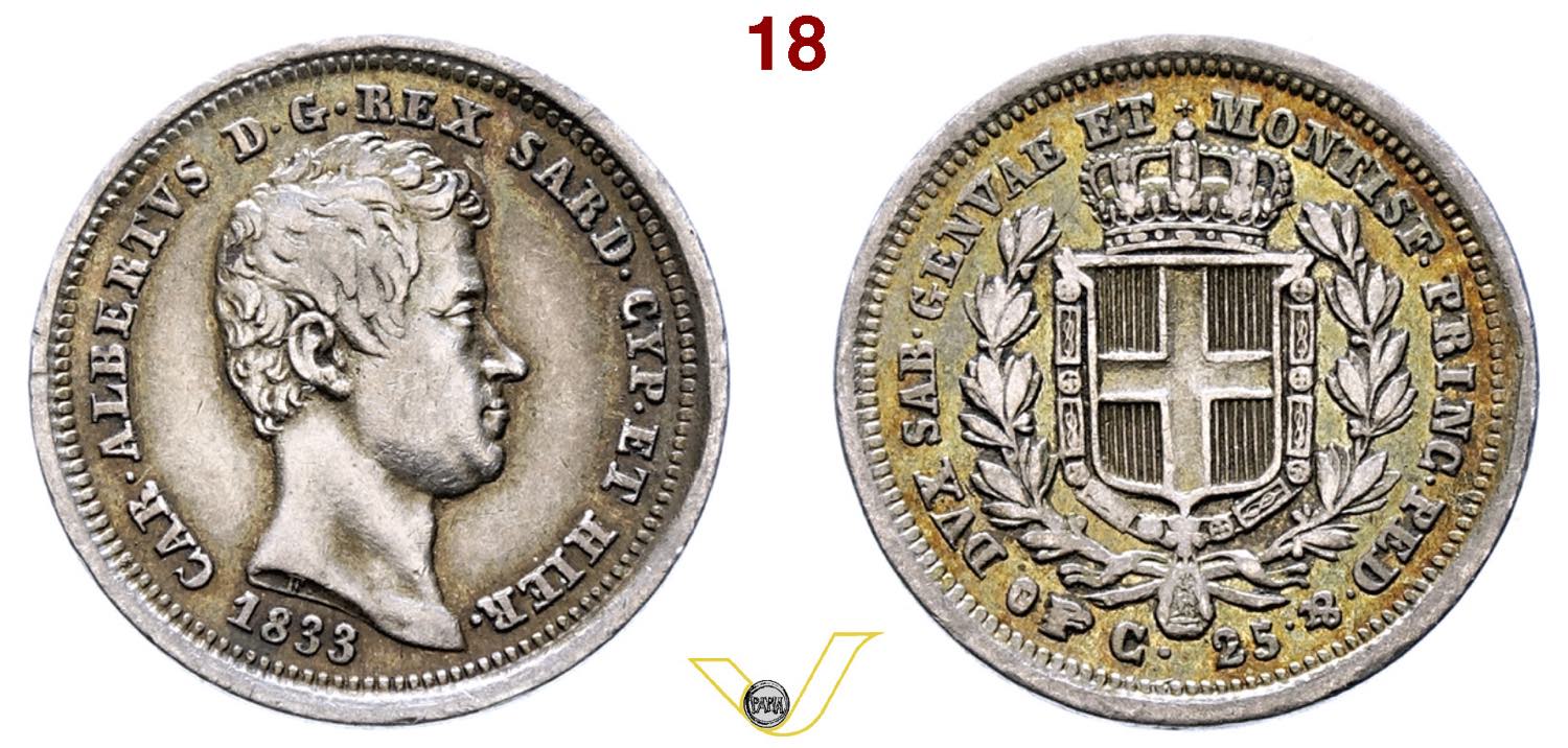 C'è stata grande lotta, a suon di rilanci, per mettere in collezione (a fin di bene) questi 25 centesimi in argento millesimati 1833, coniati dalla zecca di Torino a nome di re Carlo Alberto